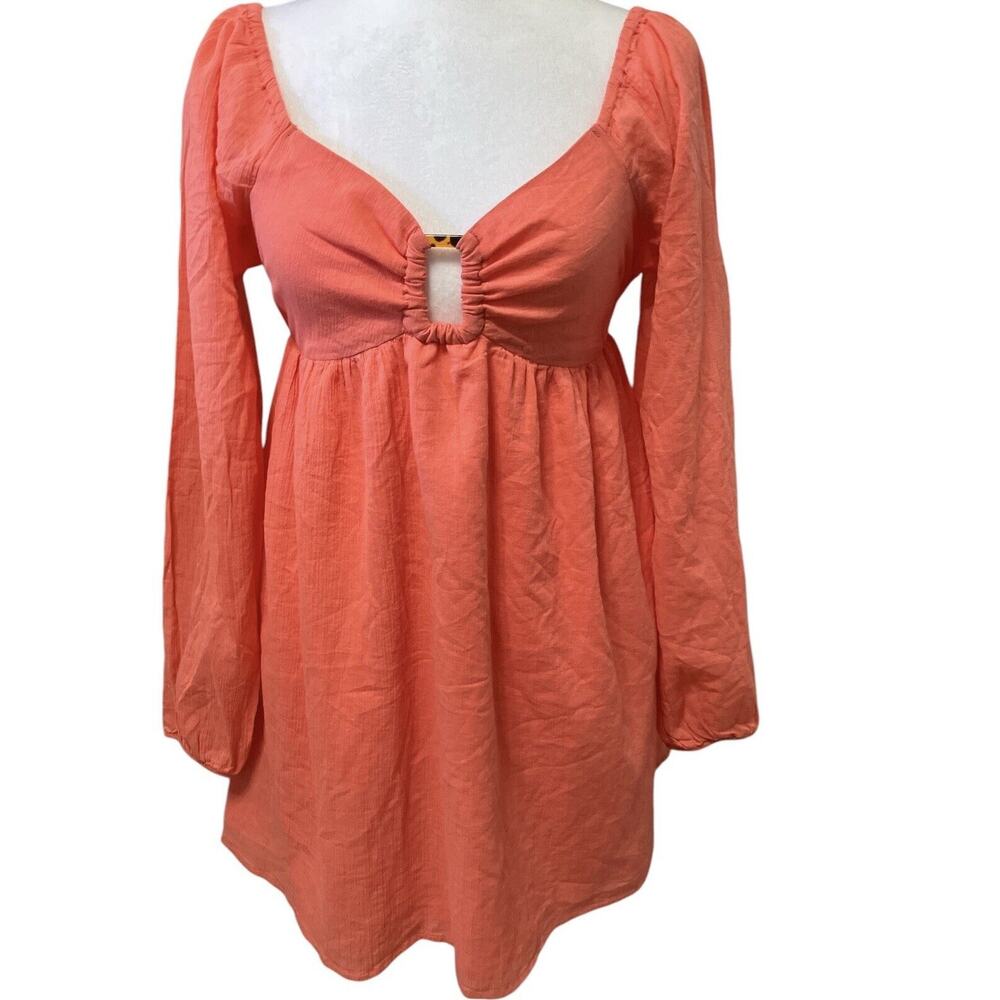 American Eagle Ring Front Long Sleeve Babydoll Mini Dress Coral Sz S Lined Dress